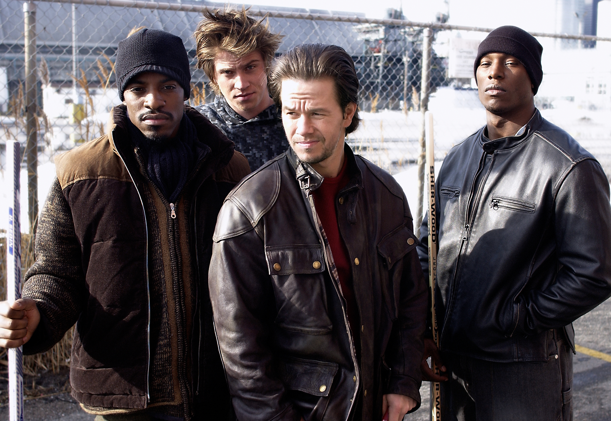 Mark Wahlberg, André 3000, Tyrese Gibson, and Garrett Hedlund in Four Brothers (2005)