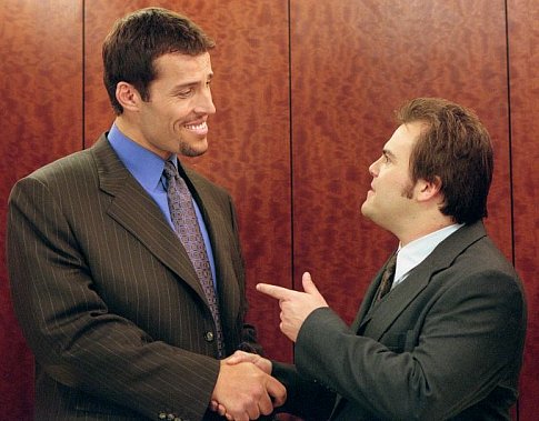 Hal (Jack Black, right) has a life-altering encounter with self-help guru Tony Robbins.