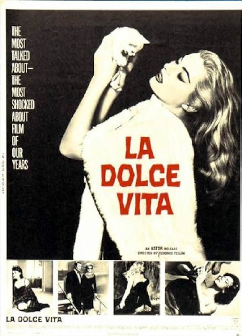 Marcello Mastroianni, Anouk Aimée, Anita Ekberg, Yvonne Furneaux, and Nadia Gray in La dolce vita (1960)