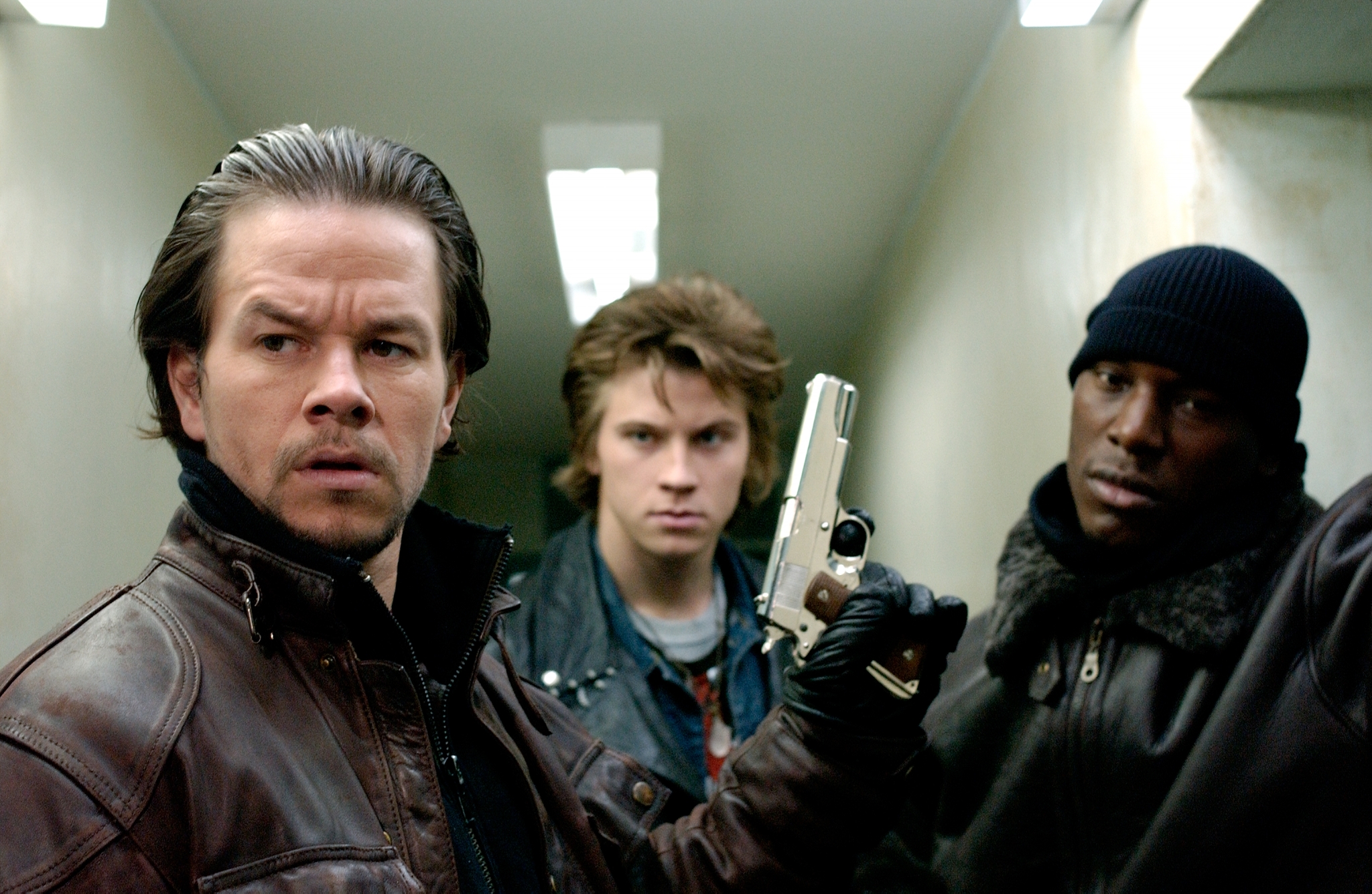 Mark Wahlberg, Tyrese Gibson, and Garrett Hedlund in Four Brothers (2005)