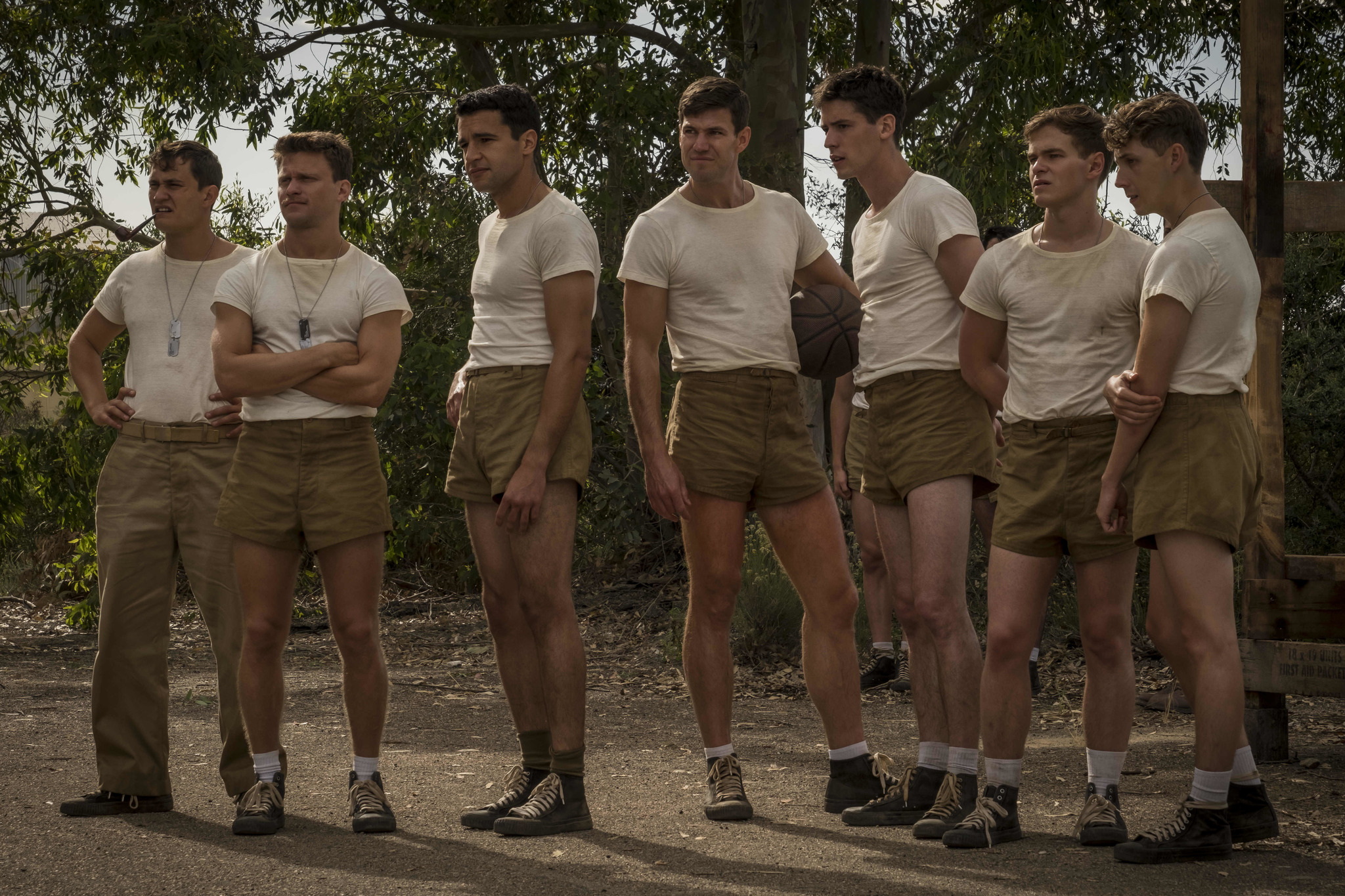 Rafi Gavron, Gerran Howell, Graham Patrick Martin, Austin Stowell, Christopher Abbott, Pico Alexander, and Jon Rudnitsky in Catch-22 (2019)