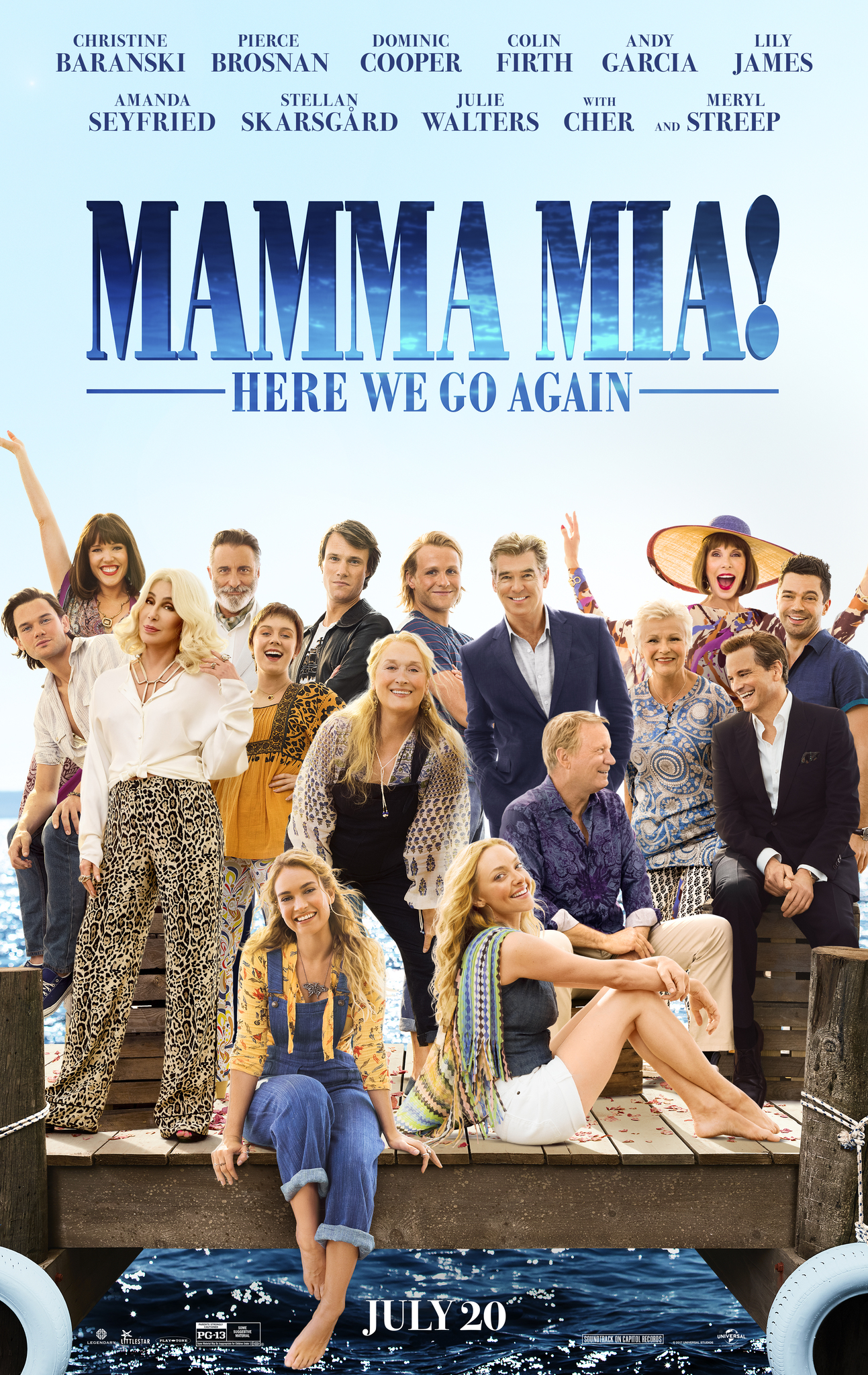 Pierce Brosnan, Colin Firth, Cher, Andy Garcia, Meryl Streep, Stellan Skarsgård, Christine Baranski, Julie Walters, Dominic Cooper, Amanda Seyfried, Hugh Skinner, Jeremy Irvine, Alexa Davies, Lily James, Jessica Keenan Wynn, and Josh Dylan in Mamma Mia! Here We Go Again (2018)