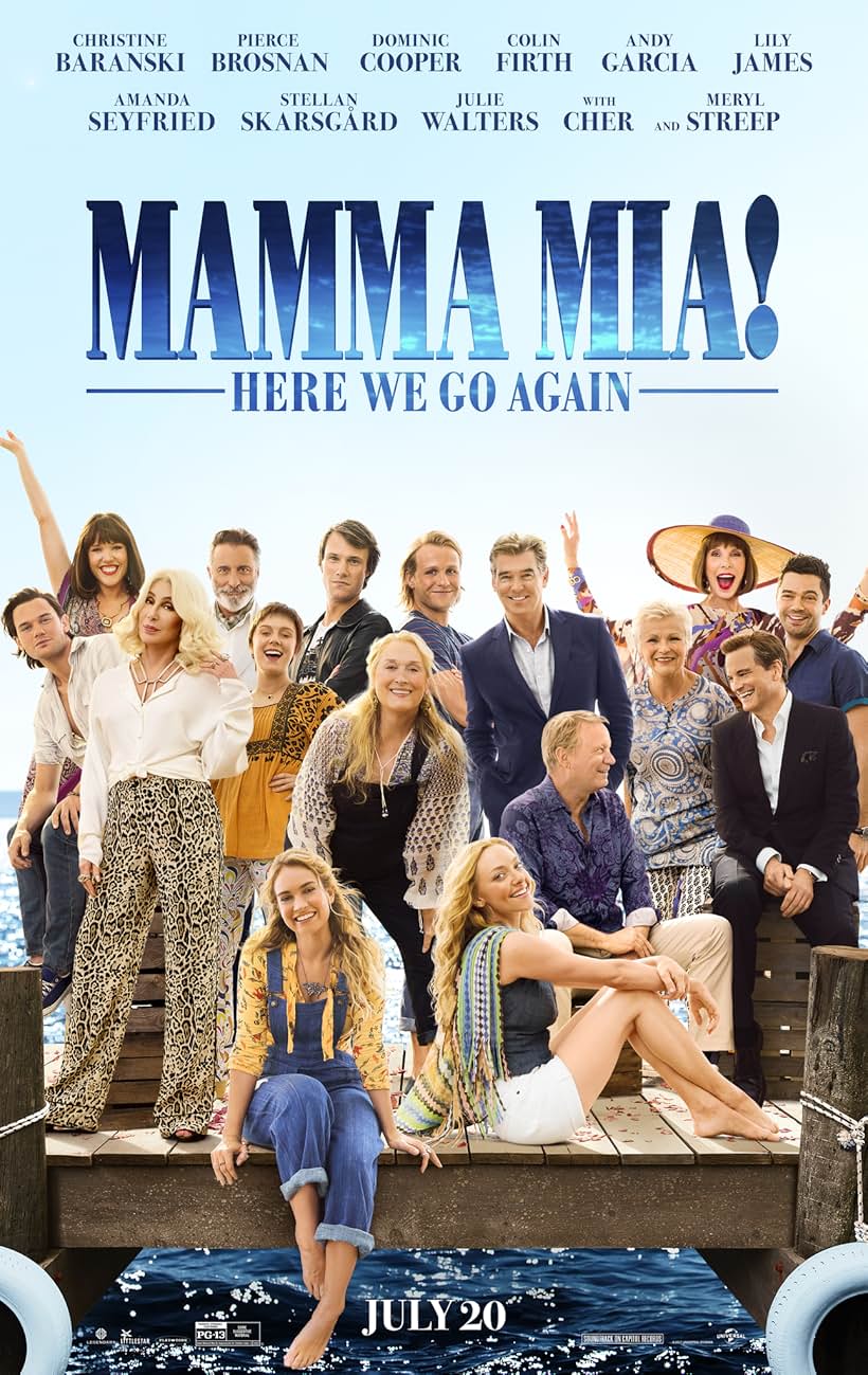 Pierce Brosnan, Colin Firth, Cher, Andy Garcia, Meryl Streep, Stellan Skarsgård, Christine Baranski, Julie Walters, Dominic Cooper, Amanda Seyfried, Hugh Skinner, Jeremy Irvine, Alexa Davies, Lily James, Jessica Keenan Wynn, and Josh Dylan in Mamma Mia! C'est reparti (2018)