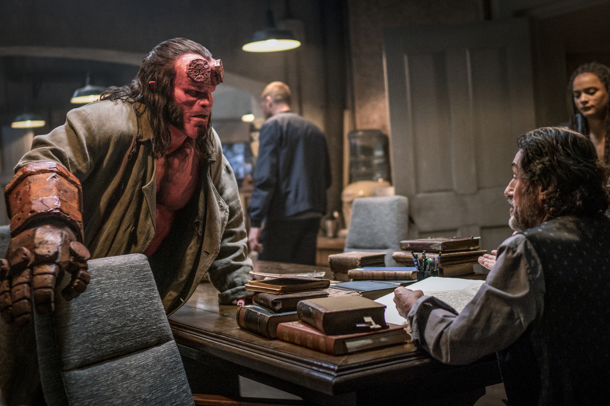 Ian McShane, David Harbour, and Sasha Lane in Hellboy (2019)