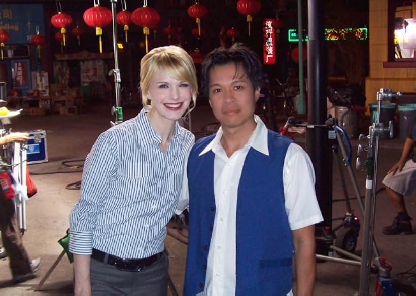 Kathryn Morris and Chi Muoi Lo on the set of "Cold Case"