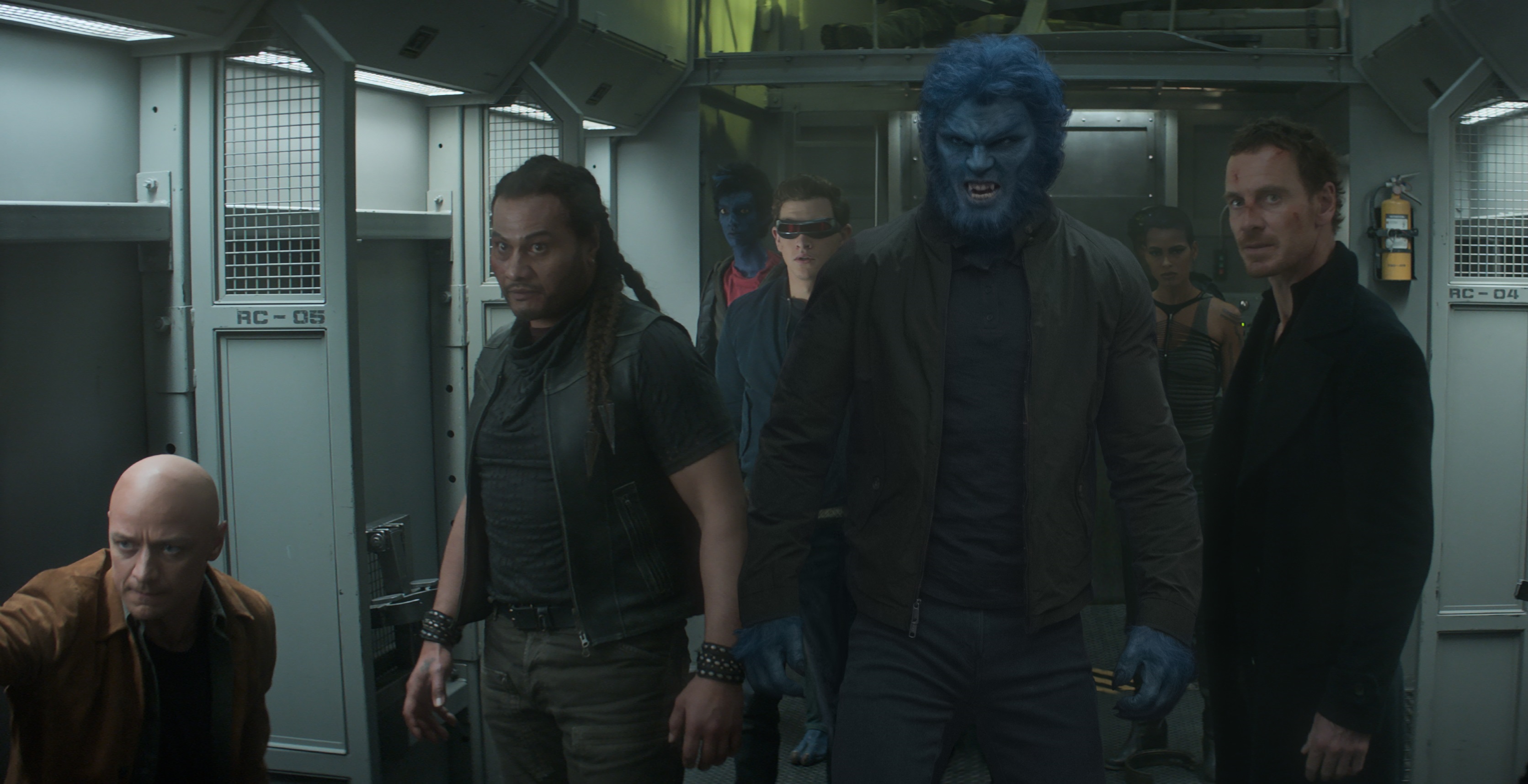 Nicholas Hoult, James McAvoy, Michael Fassbender, Andrew Stehlin, Kodi Smit-McPhee, Tye Sheridan, and Kota Eberhardt in X-Men: Dark Phoenix (2019)