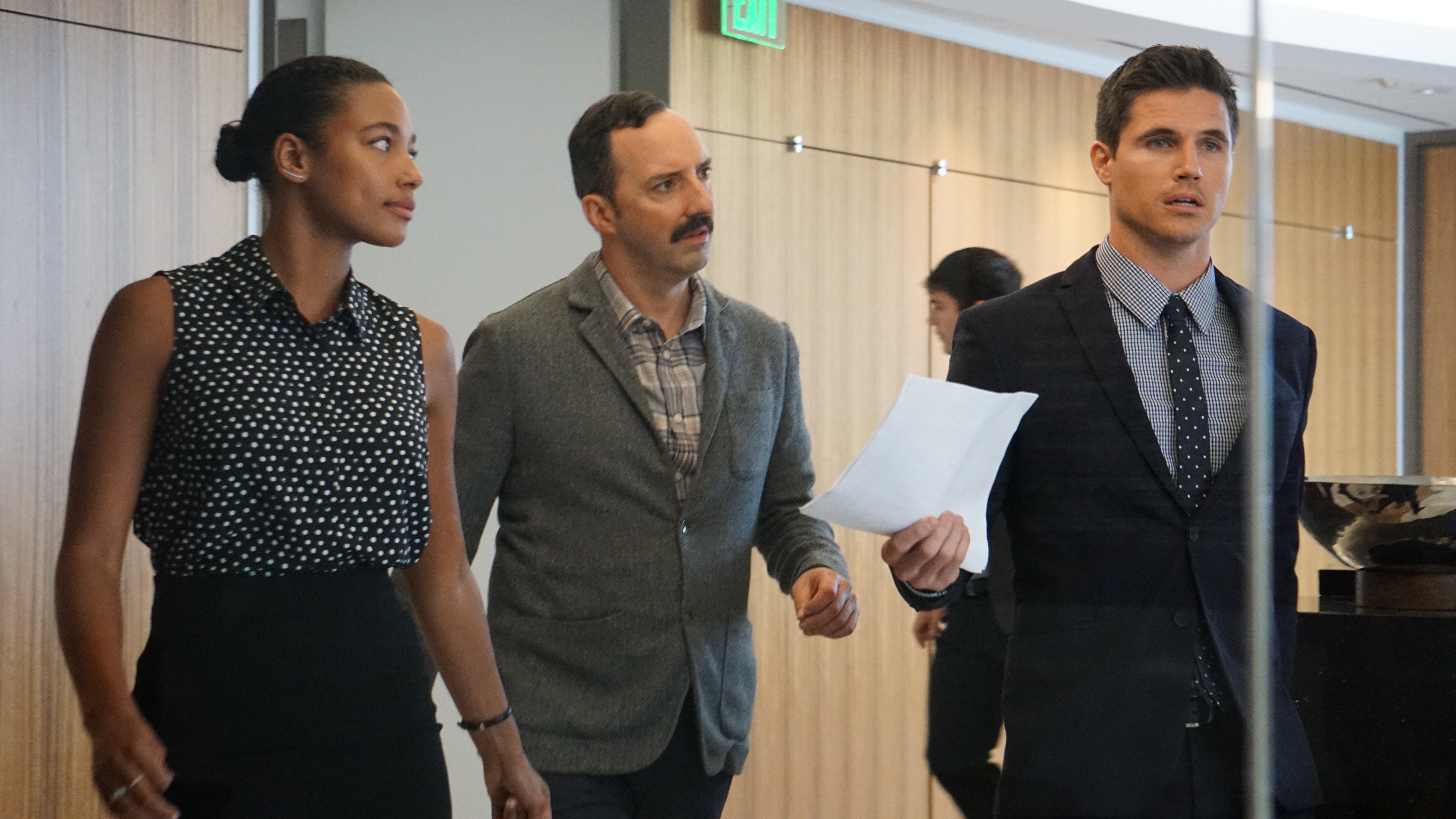 Tony Hale, Robbie Amell, and Kylie Bunbury in Eat Wheaties! (2020)