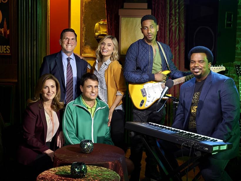 Peri Gilpin, Tim Bagley, Spencer Grammer, Benjamin Koldyke, Craig Robinson, and Brandon T. Jackson in Mr. Robinson (2015)