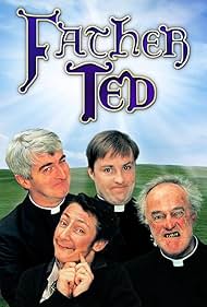 Frank Kelly, Pauline McLynn, Dermot Morgan, and Ardal O'Hanlon in Padre Ted (1995)