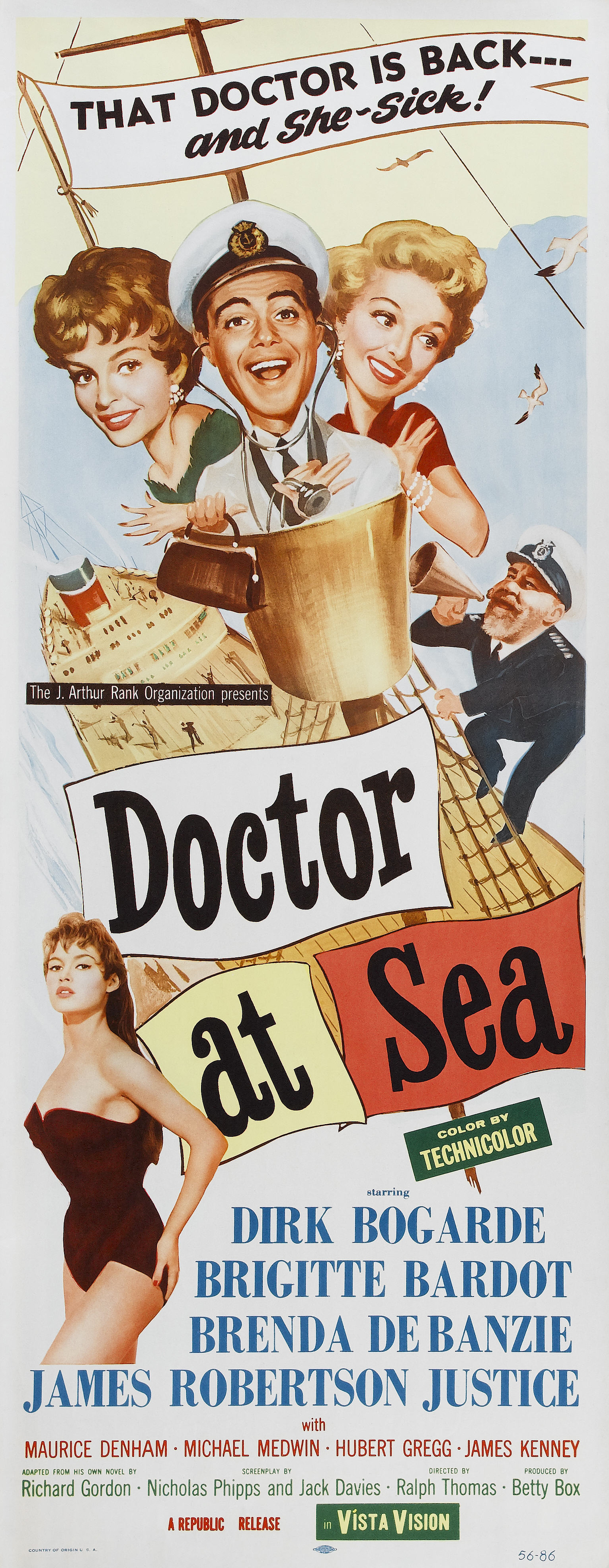 Brigitte Bardot, Dirk Bogarde, Brenda de Banzie, James Robertson Justice, and Joan Sims in Doctor at Sea (1955)