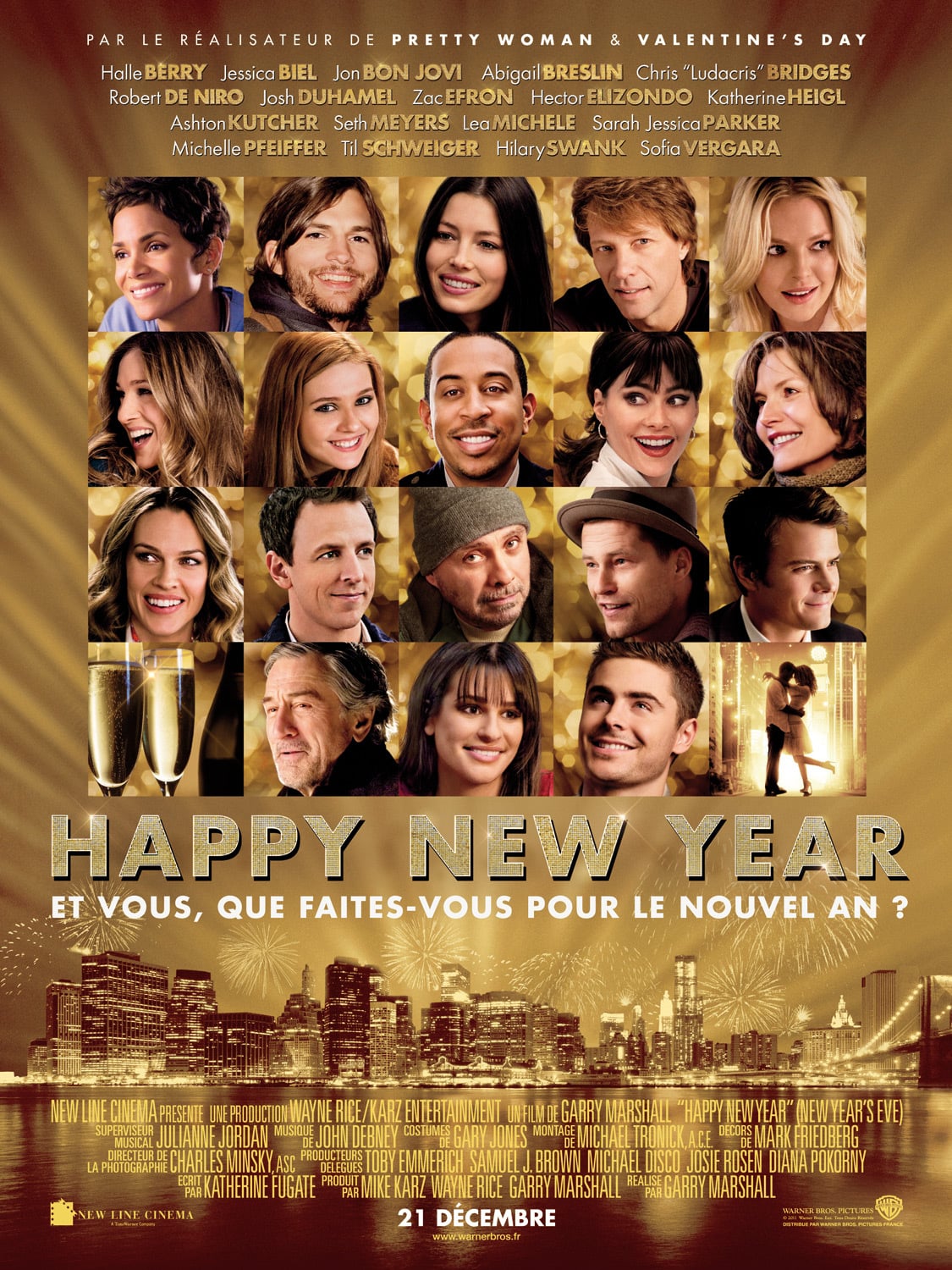 Robert De Niro, Alyssa Milano, Michelle Pfeiffer, Sarah Jessica Parker, Jim Belushi, Halle Berry, Jon Bon Jovi, Hector Elizondo, Til Schweiger, Jessica Biel, Ashton Kutcher, Sarah Paulson, Hilary Swank, Sofía Vergara, Ludacris, Common, Seth Meyers, and Zac Efron in New Year's Eve (2011)