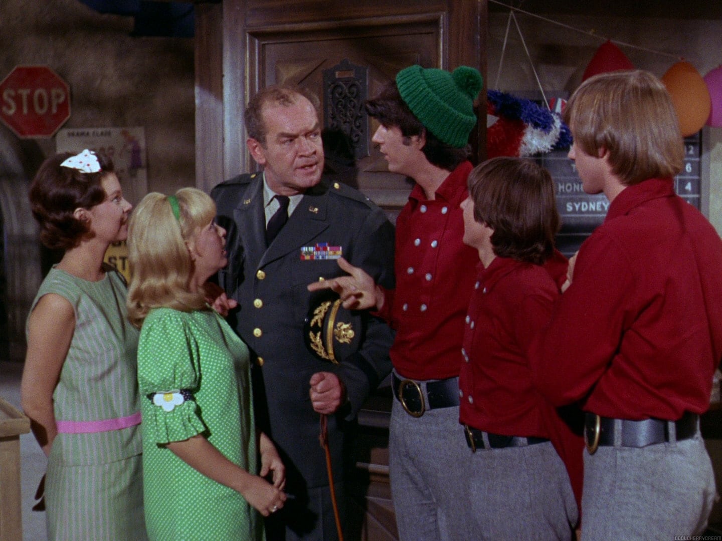 Sherry Alberoni, Arch Johnson, Davy Jones, Michael Nesmith, and Peter Tork in The Monkees (1965)