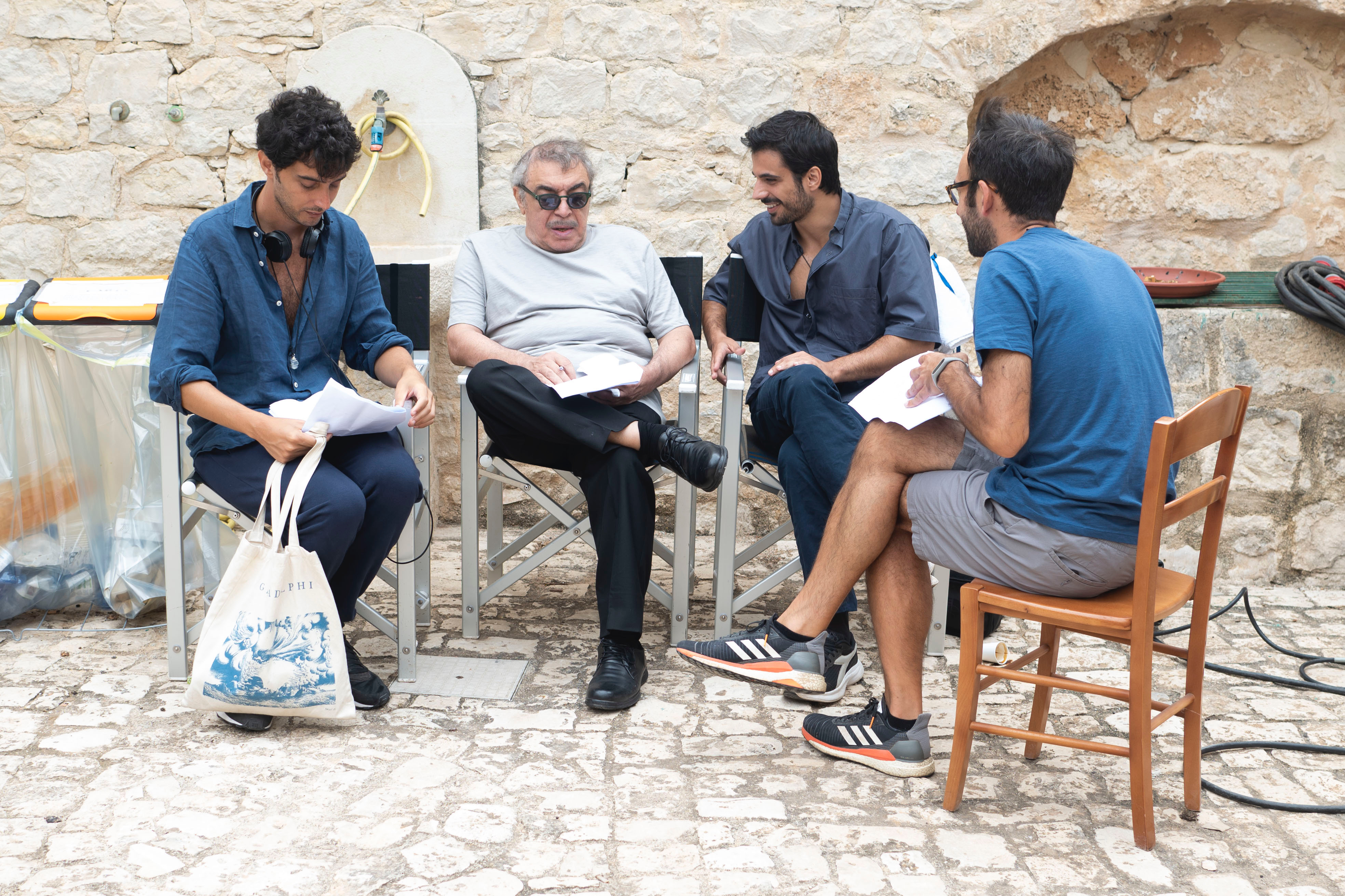 Actors Nino Frassica and Gianmarco Saurino on the set with director Matteo Pilati and writer Giuseppe Paternò Raddusa.