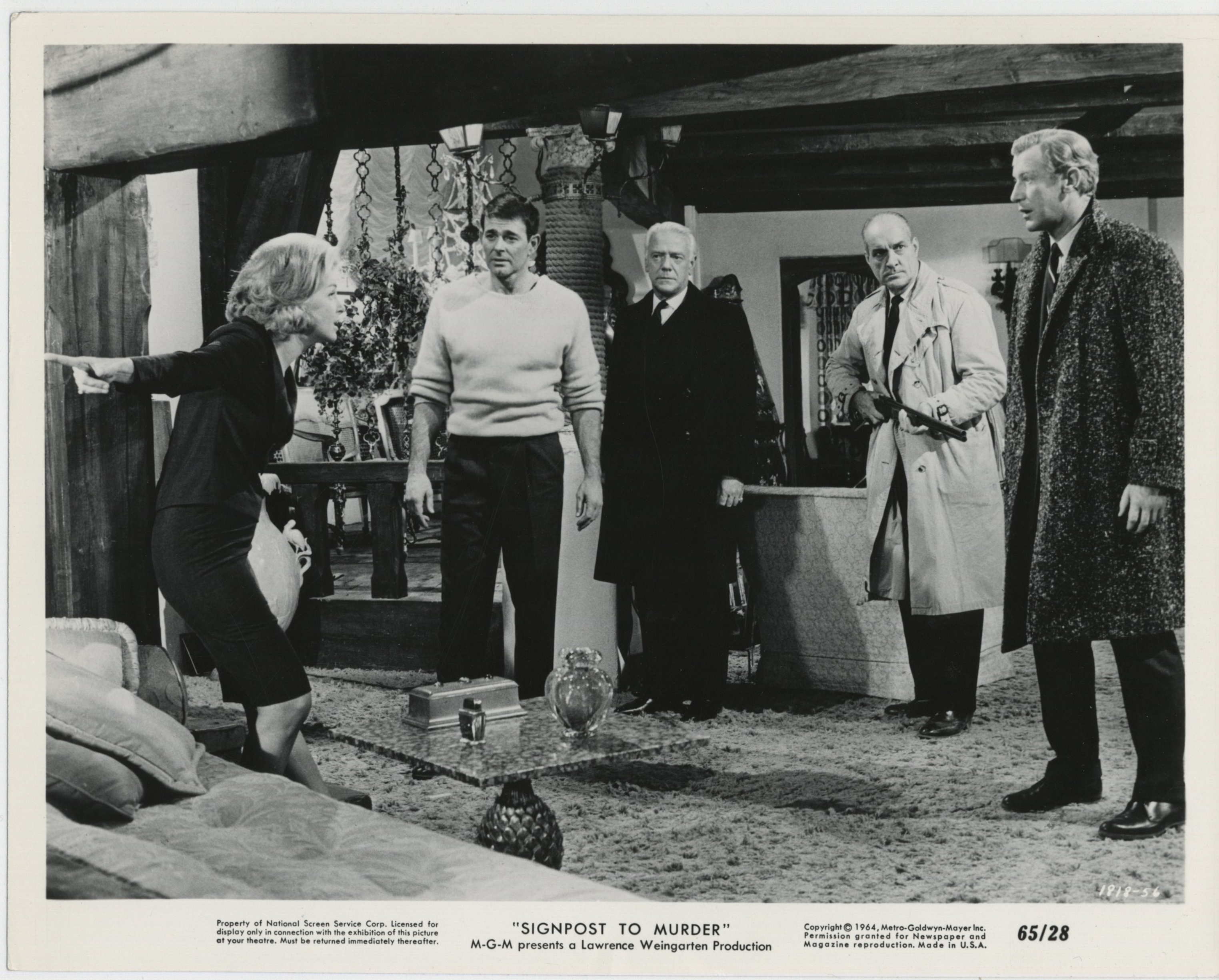 Murray Matheson, Edward Mulhare, Stuart Whitman, and Joanne Woodward in Signpost to Murder (1964)