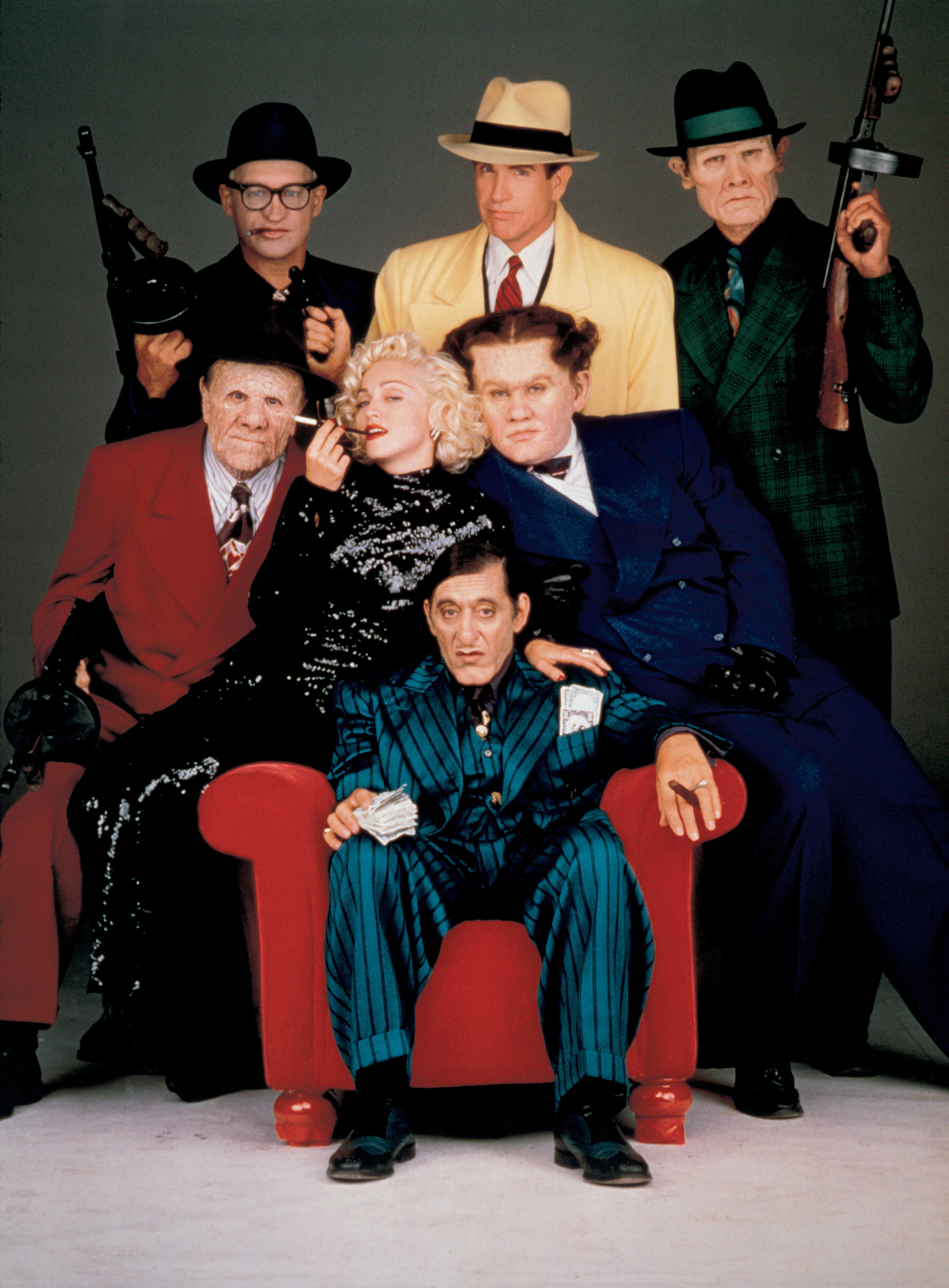 Madonna, Al Pacino, Warren Beatty, William Forsythe, R.G. Armstrong, Ed O'Ross, and Henry Silva in डिक ट्रेसी (1990)