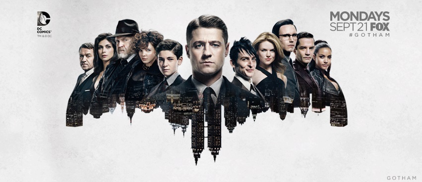 Donal Logue, James Frain, Sean Pertwee, Morena Baccarin, Jessica Lucas, Ben McKenzie, Robin Lord Taylor, Erin Richards, David Mazouz, Camren Bicondova, and Cory Michael Smith in Gotham (2014)