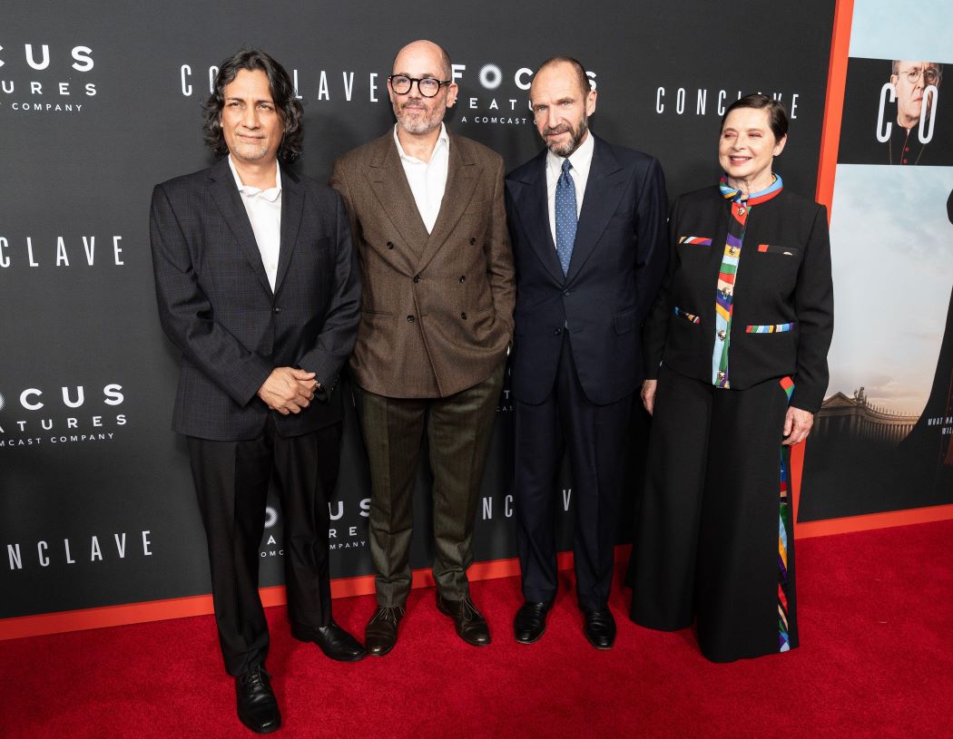 Carlos Diehz, Edward Berger, Ralph Fiennes and Isabella Rossellini in the NYC premiere of Conlcave