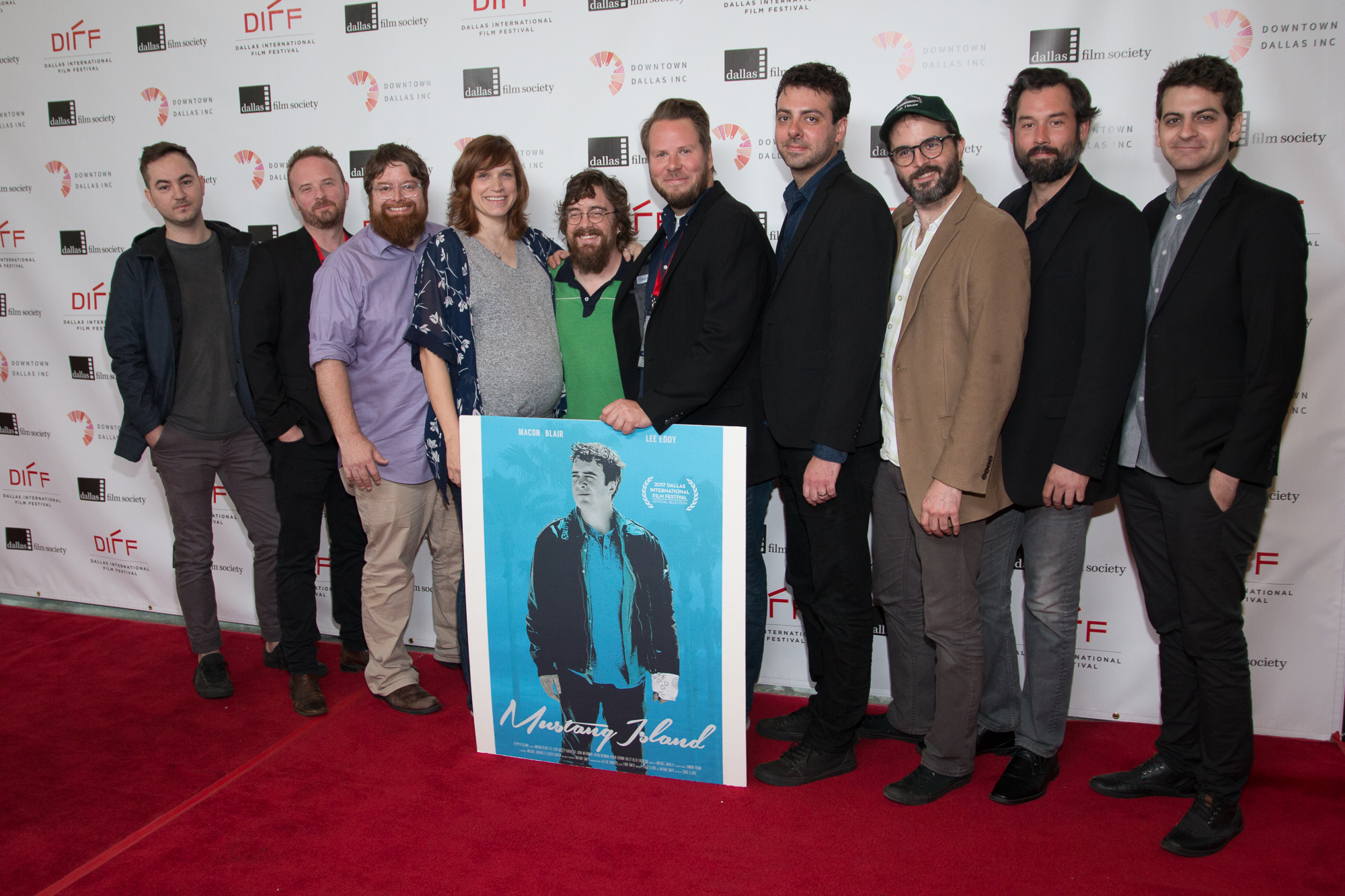 Macon Blair, John Merriman, Jason Newman, Lee Eddy, Craig Elrod, Nathan Smith, Michael Bartnett, Evan Smith, Michael Mobley, and Ben Prosser at an event for Mustang Island (2017)