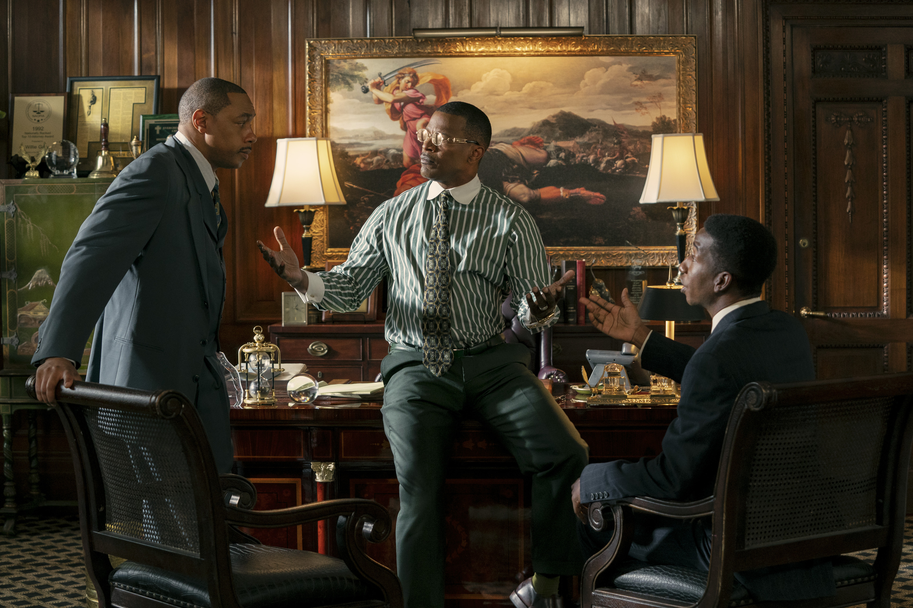 Jamie Foxx, Dorian Missick, and Mamoudou Athie in The Burial (2023)