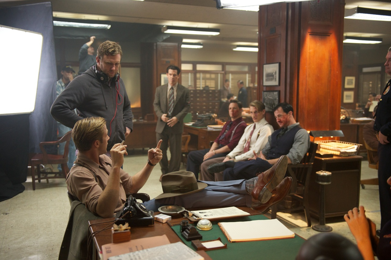 Dir. Ruben Fleischer w/ actors Ryan Gosling, Josh Brolin & James Landry on the set of Gangster Squad