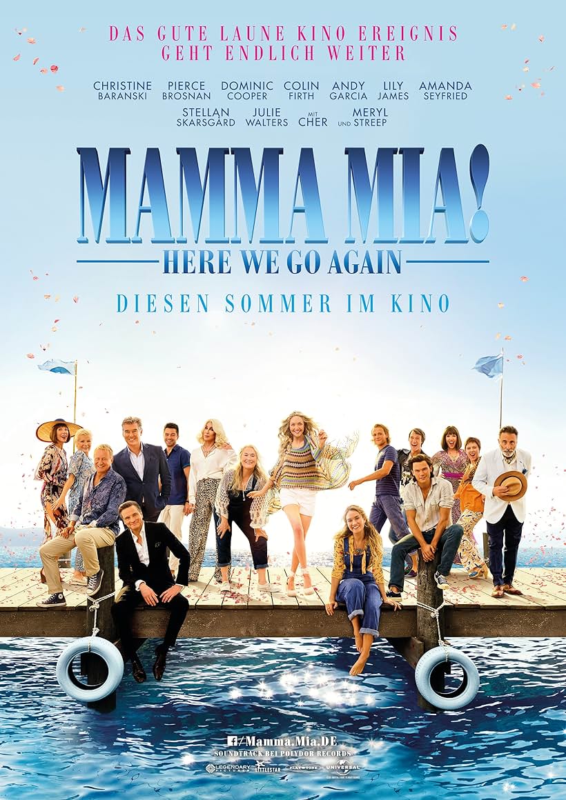 Pierce Brosnan, Colin Firth, Cher, Andy Garcia, Meryl Streep, Stellan Skarsgård, Christine Baranski, Julie Walters, Dominic Cooper, Amanda Seyfried, Hugh Skinner, Jeremy Irvine, Alexa Davies, Lily James, Jessica Keenan Wynn, and Josh Dylan in Mamma Mia! C'est reparti (2018)