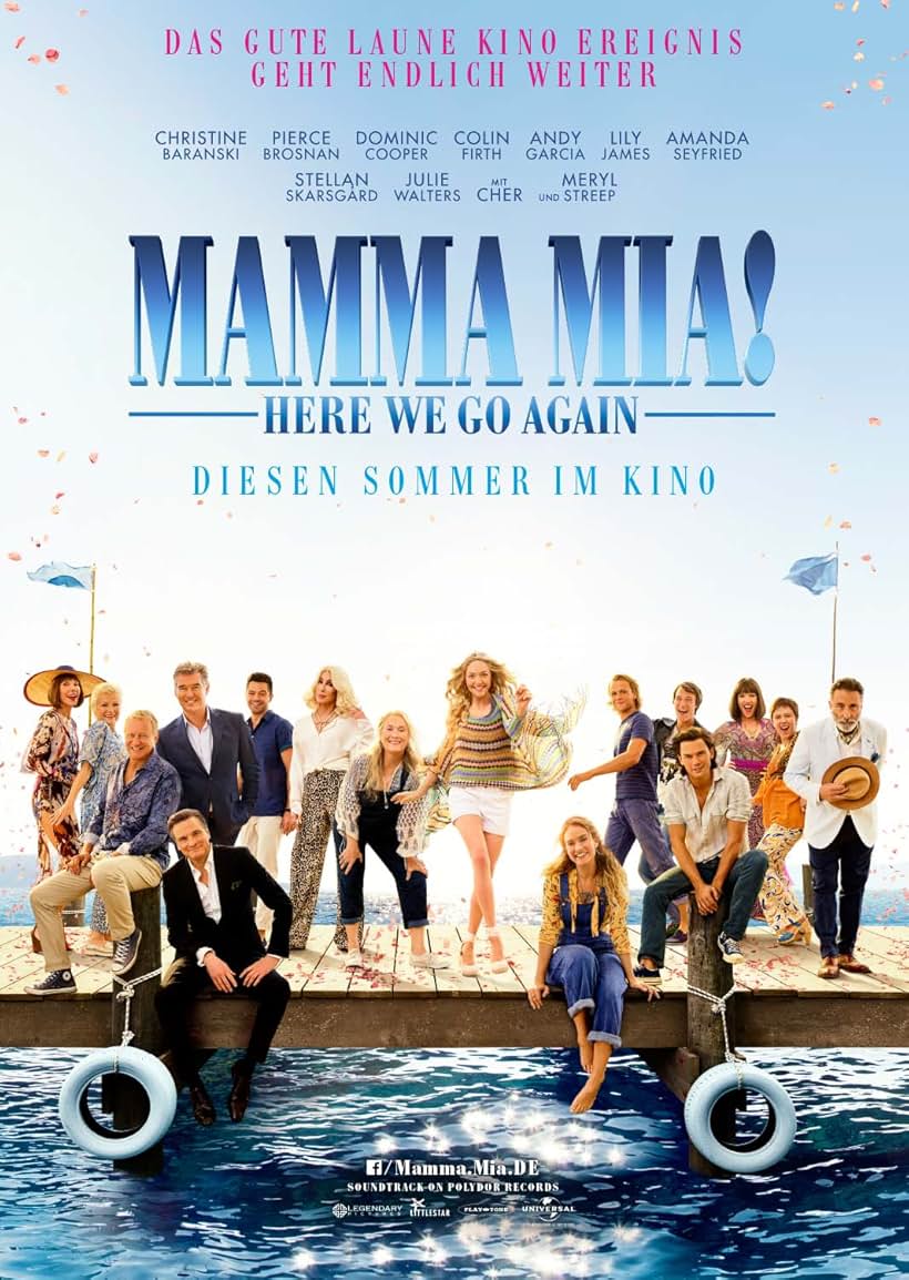 Pierce Brosnan, Colin Firth, Cher, Andy Garcia, Meryl Streep, Stellan Skarsgård, Christine Baranski, Julie Walters, Dominic Cooper, Amanda Seyfried, Hugh Skinner, Jeremy Irvine, Alexa Davies, Lily James, Jessica Keenan Wynn, and Josh Dylan in Mamma Mia! C'est reparti (2018)