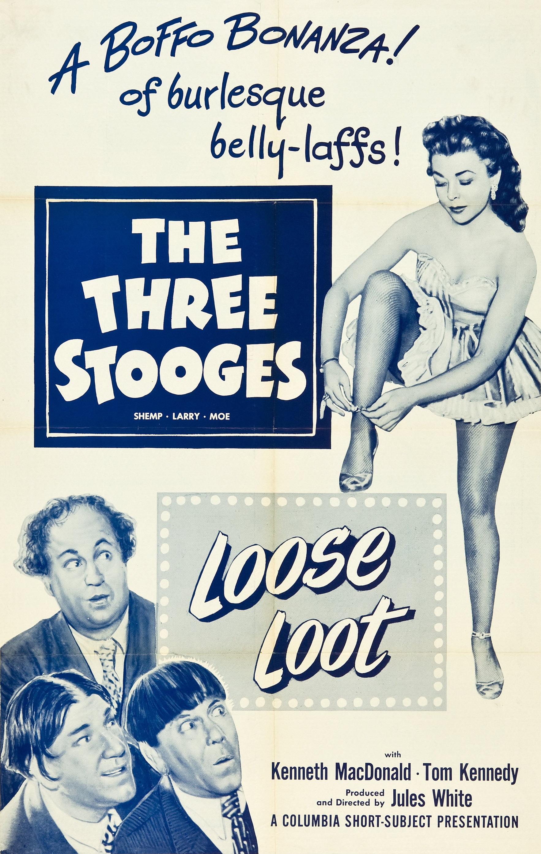 Moe Howard, Larry Fine, Nanette Bordeaux, and Shemp Howard in Loose Loot (1953)