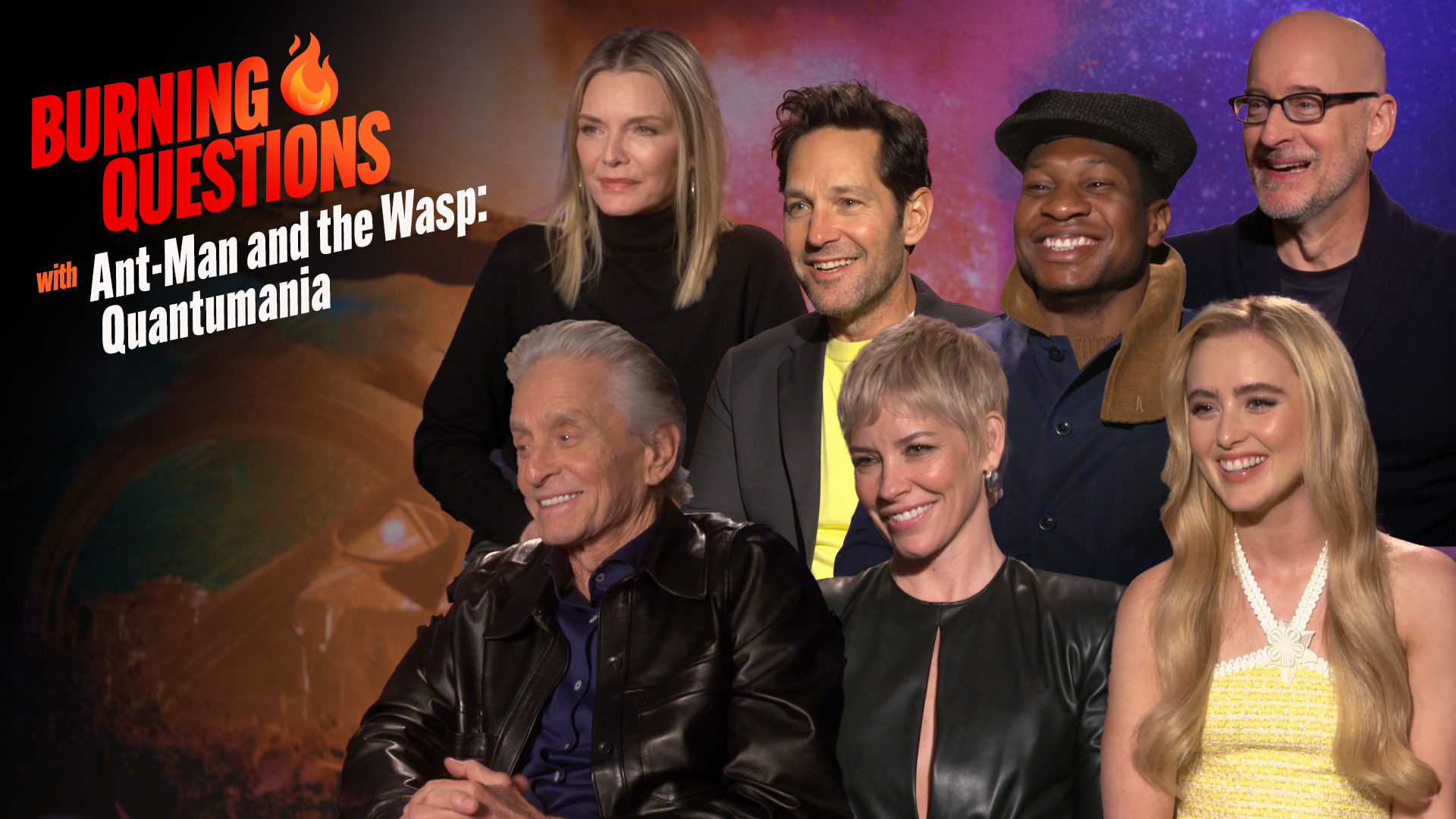 Michael Douglas, Michelle Pfeiffer, Peyton Reed, Paul Rudd, Kathryn Newton, Evangeline Lilly, and Jonathan Majors in Burning Questions With 'Ant-Man and the Wasp: Quantumania' (2023)