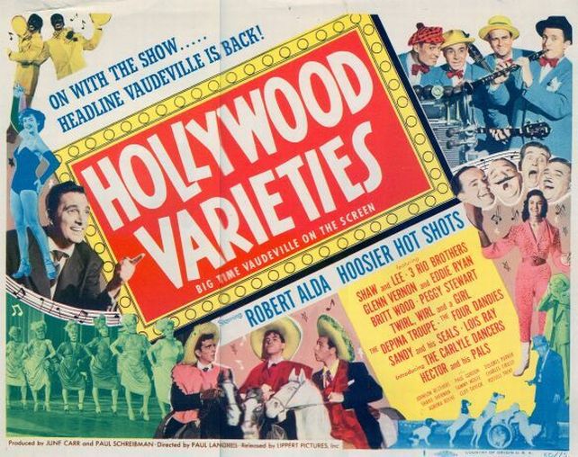 Robert Alda, Peggy Stewart, Gil Taylor, Paul Trietsch, Ken Trietsch, Charles Ward, Britt Wood, and The Hoosier Hotshots in Hollywood Varieties (1950)