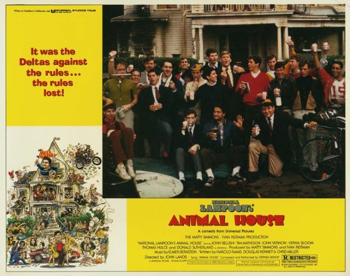 John Belushi, Tom Hulce, Tim Matheson, Bruce Bonnheim, Joshua Daniel, Stephen Furst, Douglas Kenney, Bruce McGill, Chris Miller, Peter Riegert, and James Widdoes in American College (1978)