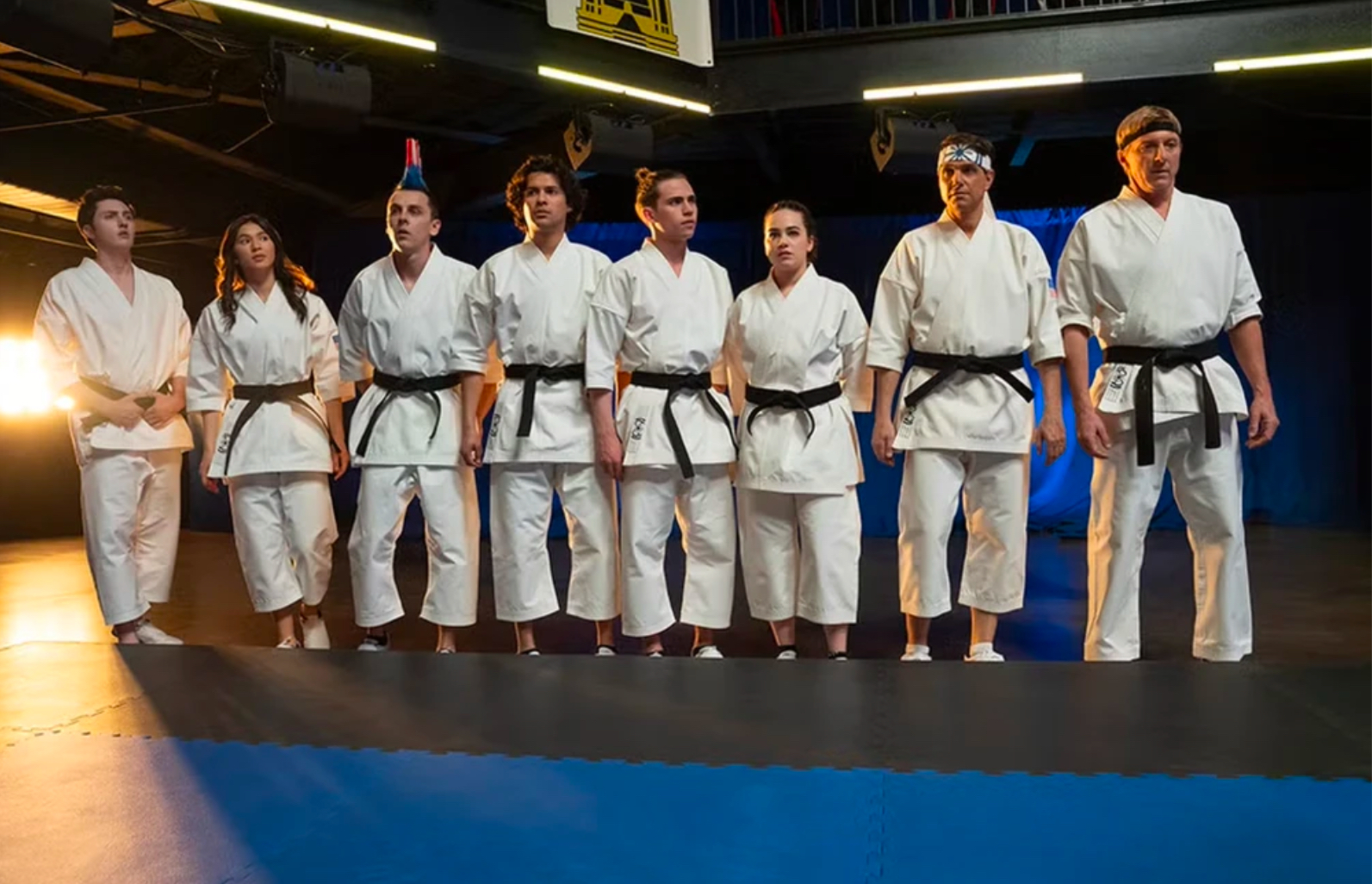 Ralph Macchio, William Zabka, Oona O'Brien, Mary Mouser, Jacob Bertrand, Tanner Buchanan, Gianni DeCenzo, and Xolo Maridueña in Best of the Best (2024)