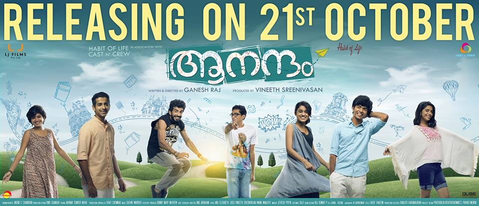 Ganesh Raj, Roshan Mathew, Arun Kurian, Thomas Mathew, Siddhi Mahajankatti, Annu Antony, Anarkali Marikar, and Vishak Nair in Aanandam (2016)