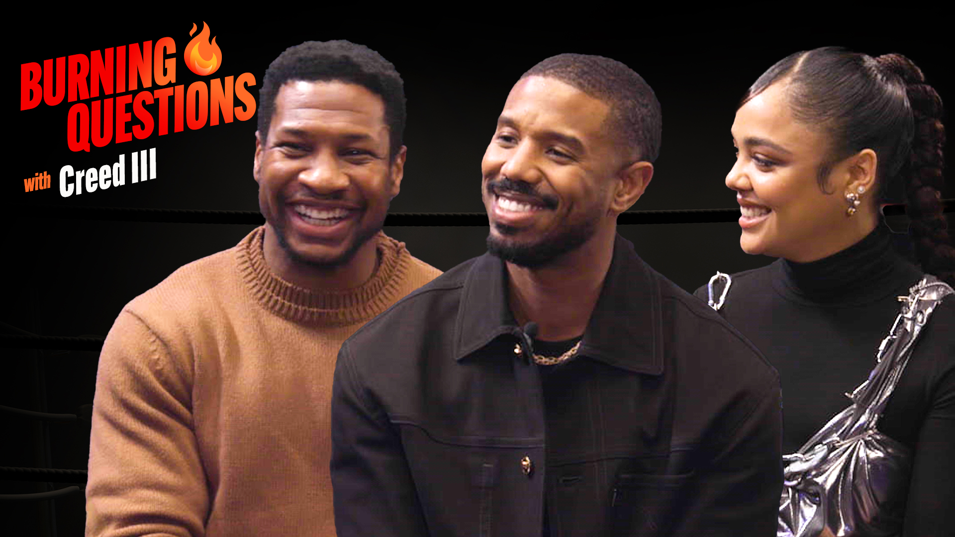 Michael B. Jordan, Tessa Thompson, and Jonathan Majors in Burning Questions With 'Creed III'