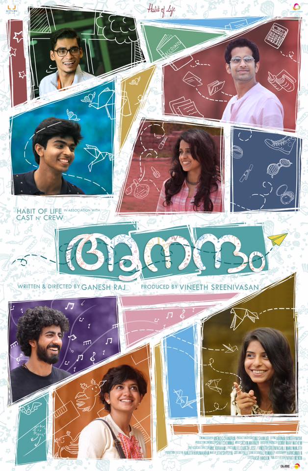 Roshan Mathew, Arun Kurian, Thomas Mathew, Siddhi Mahajankatti, Annu Antony, Anarkali Marikar, and Vishak Nair in Aanandam (2016)