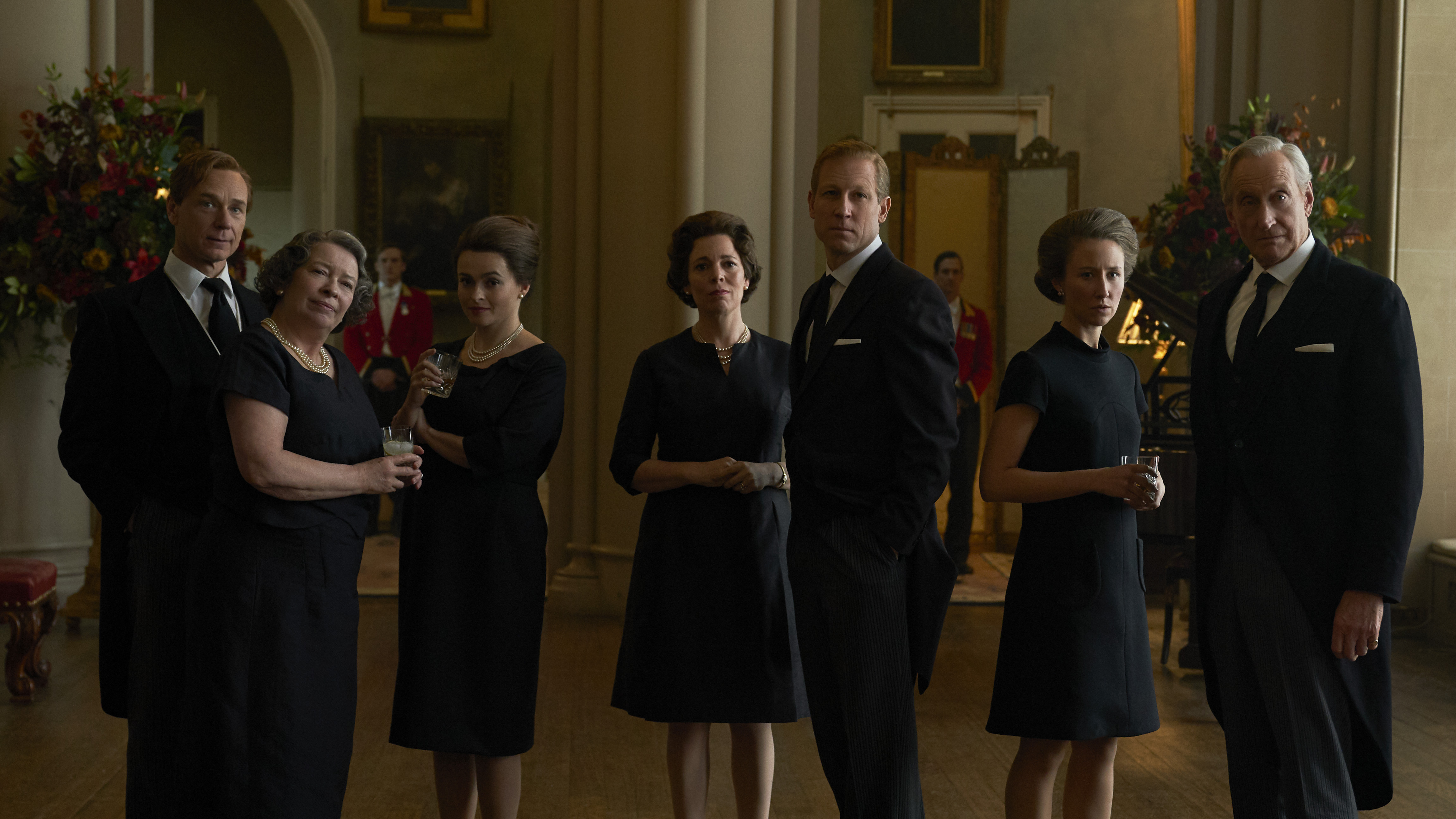 Helena Bonham Carter, Charles Dance, Marion Bailey, Ben Daniels, Tobias Menzies, Olivia Colman, and Erin Doherty in The Crown (2016)