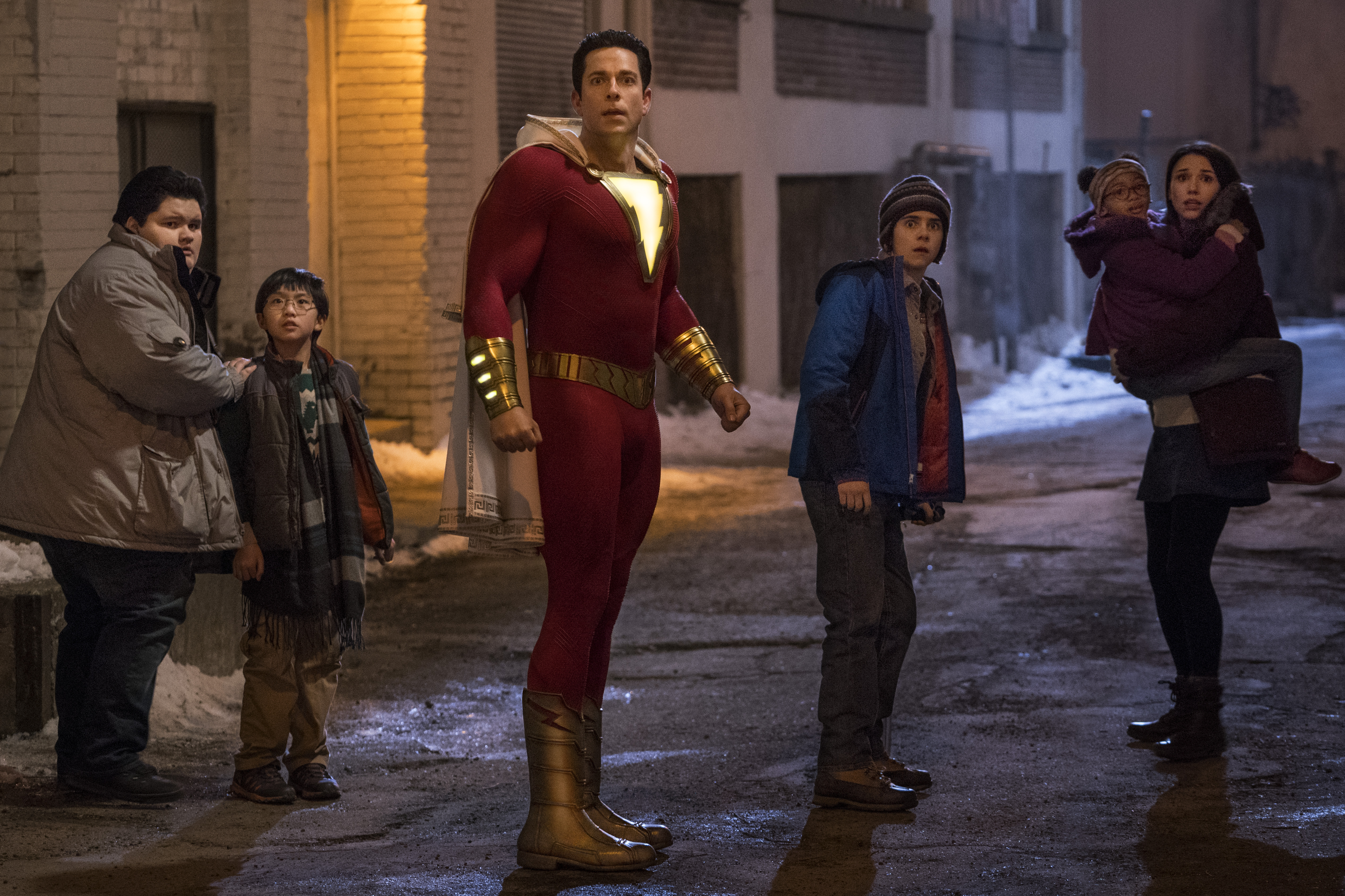 Zachary Levi, Grace Caroline Currey, Jovan Armand, Jack Dylan Grazer, Ian Chen, and Faithe Herman in Shazam! (2019)