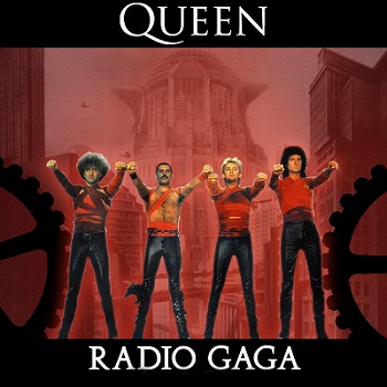 Roger Taylor, Brian May, Freddie Mercury, John Deacon, and Queen in Queen: Radio Ga Ga (1984)