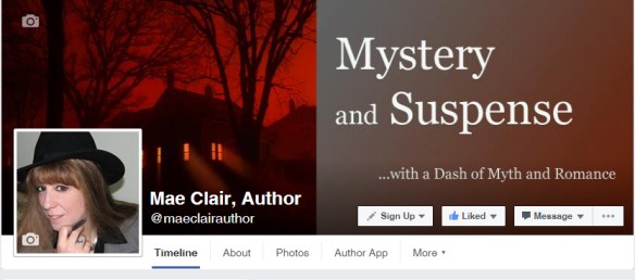 screenshot of the Facebook fan page for author Mae Clair showing a spooky house with light streaming from the windows on a red background