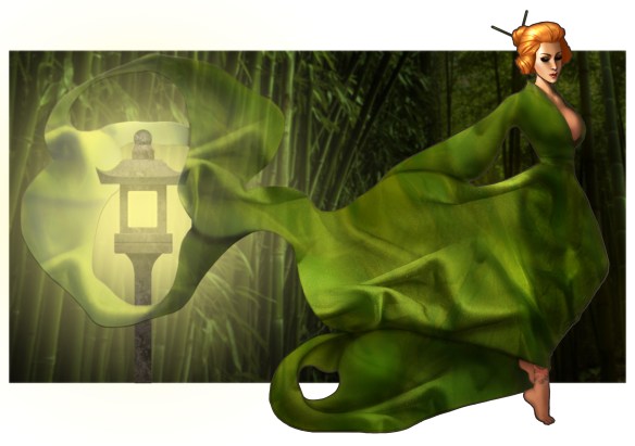Lisa Burton, a character created by author C. S. Boyack, wearing flowing green silk gown with old fashioned street lantern in background. Lisa's hair is in a Japanese style bun Lisa Burton, a character created by author C. S. Boyack, wearing flowing green silk gown with old fashioned street lantern in background. Lisa's hair is in a Japanese style bun