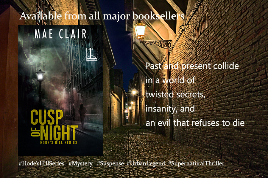 Banner ad for cusp of Night, a mystery/suspense novel by author, Mae Cllair