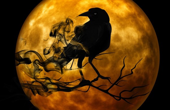 spooky raven on tree branch with full orange moon in the background spooky raven on tree branch with full orange moon in the background
