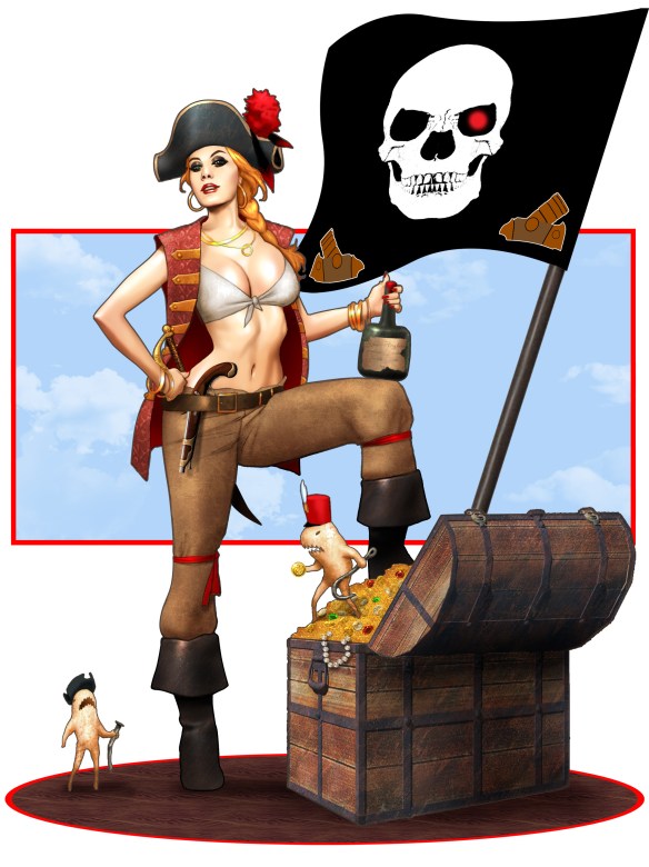 Lisa Burton, spokesmodel for author C.S. Boyack in sexy pirate outfit with skull-and-crossbones flag, chest of gold and root monsters Lisa Burton, spokesmodel for author C.S. Boyack in sexy pirate outfit with skull-and-crossbones flag, chest of gold and root monsters