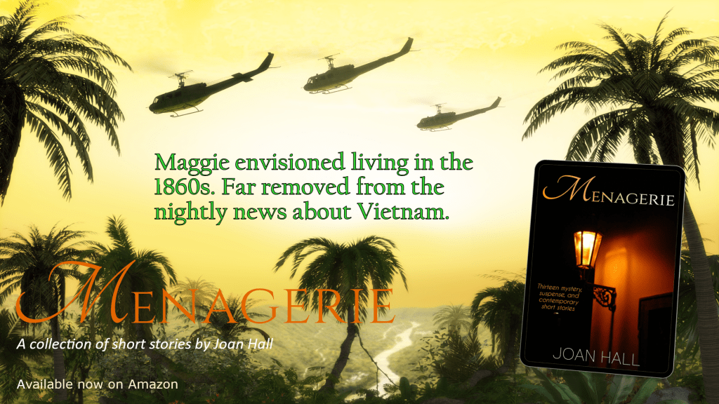 Banner ad for Menagerie, short story collection shows jungle landscape with army helicopters overhead, book cover to right