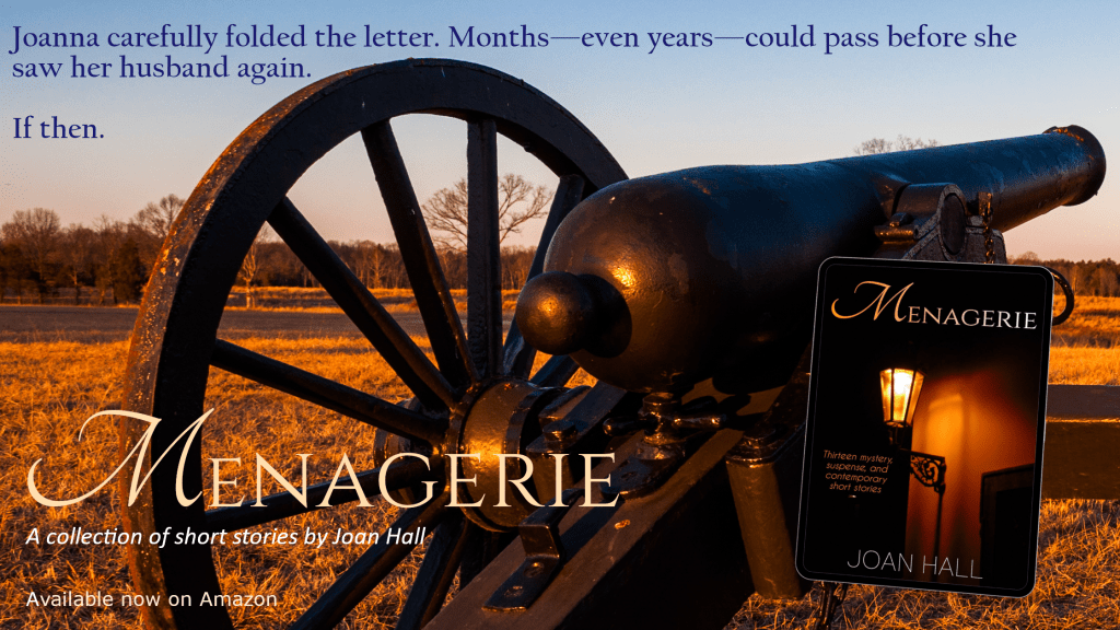 Banner ad for Menagerie, a short story collection by Joan Hall shows Civil War cannon on autumn battlefield, book cover to right
