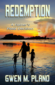 Book cover for Redemption, A FAther's Fatal Decision shows silhouettes of woman with three children at sunset on beach