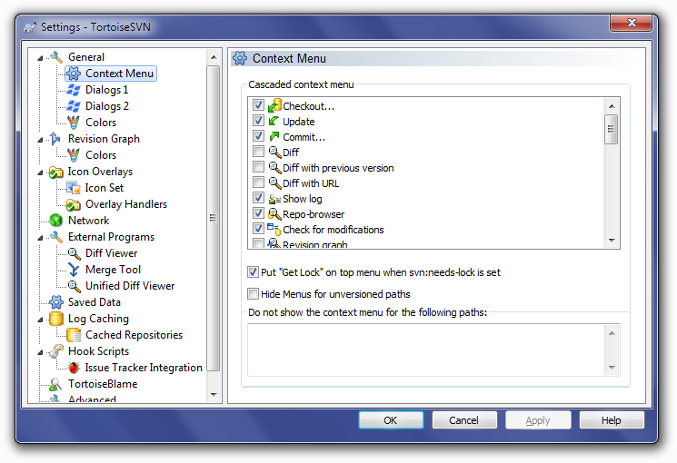 TortoiseSVN Context Menu Settings Screen