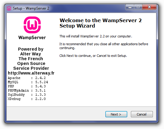 Welcome To The WampServer Setup Wizard Screen