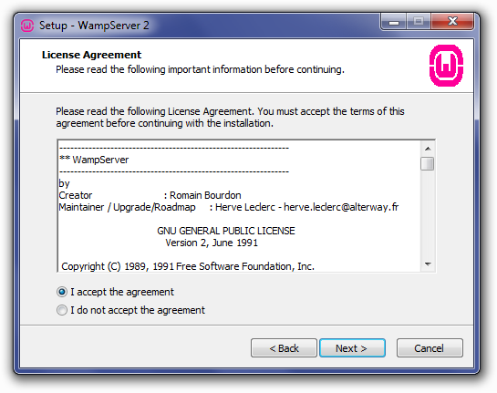 Installing WampServer: License Agreement Screen