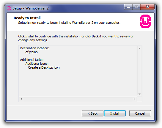 Installing WampServer: Ready To Install Screen
