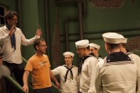 HAIL, CAESAR!, director Joel Coen (left), director Ethan Coen (yellow shirt), Channing Tatum (center, profile), on set, 2016. ph: Alison Cohen Rosa/© Universal Pictures